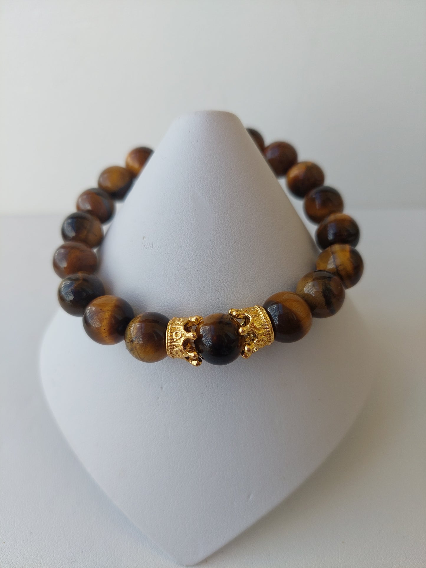 Men's Tiger's Eye Stretch Bead Bracelet with Gold Crown Accents (10 mm)