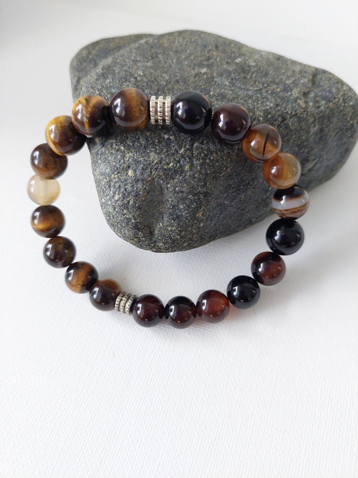 Men's Agate and Tiger's Eye Stretch Bead Bracelet (10mm)