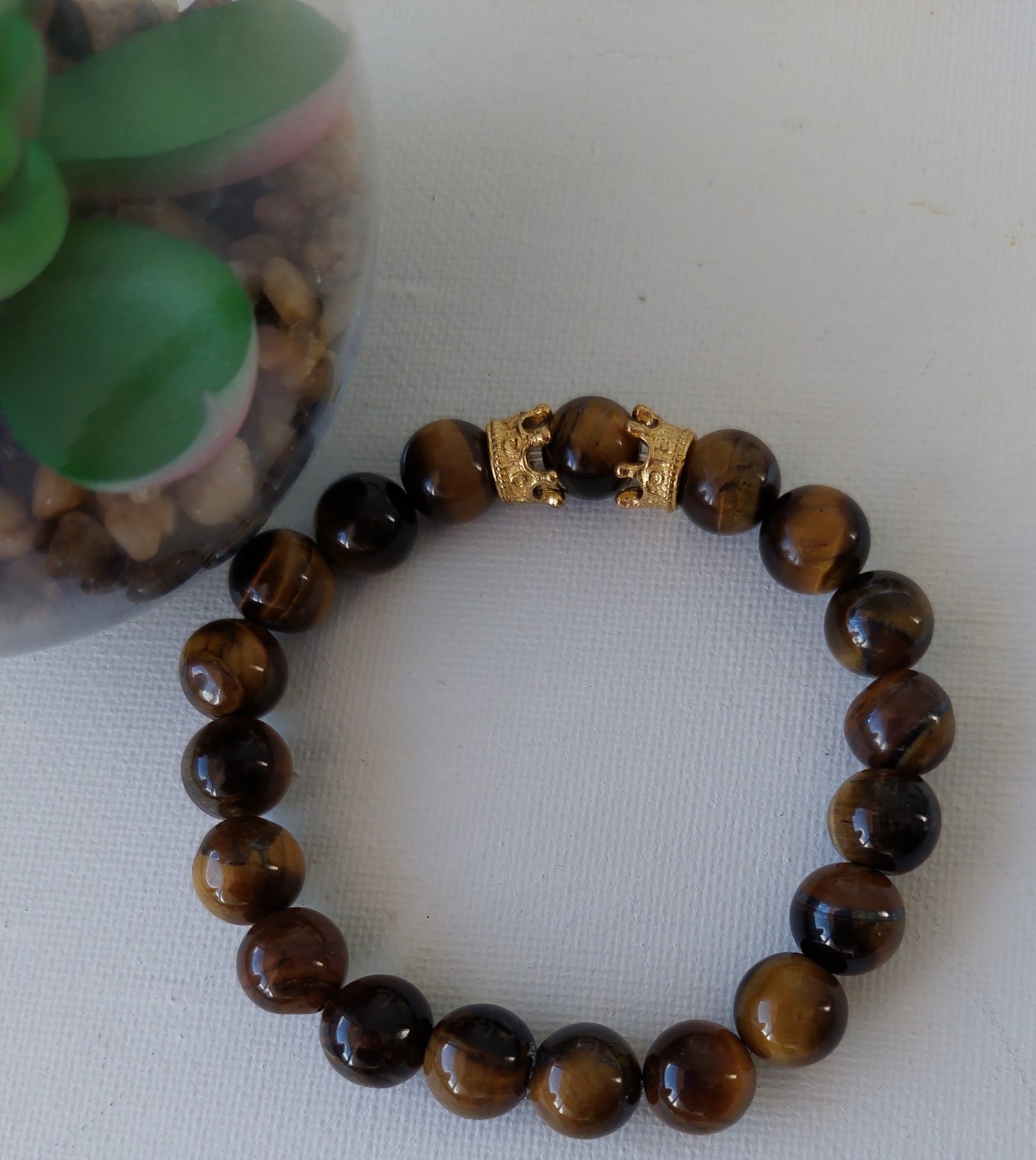 Men's Tiger's Eye Stretch Bead Bracelet with Gold Crown Accents (10 mm)