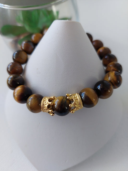 Men's Tiger's Eye Stretch Bead Bracelet with Gold Crown Accents (10 mm)