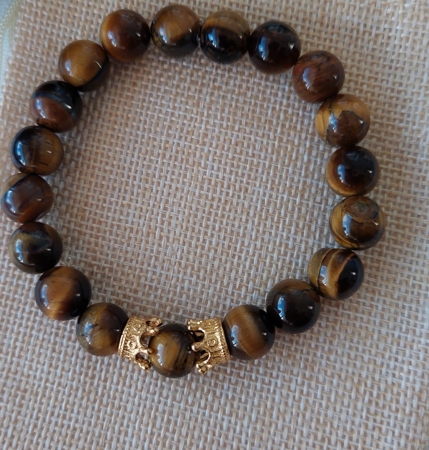 Men's Tiger's Eye Stretch Bead Bracelet with Gold Crown Accents (10 mm)